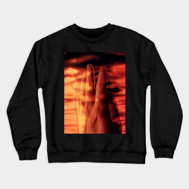 Digital collage and special processing. Hand near soft light. Soft and calm. To exist. Orange and warm. Crewneck Sweatshirt by 234TeeUser234